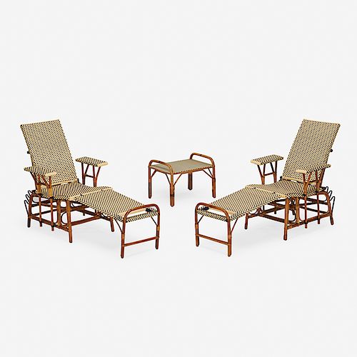 MAISON DRUCKER PAIR OF ADJUSTABLE LOUNGERS AND TABLE