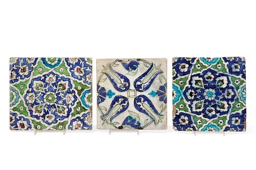 Three Damascus underglaze painted pottery tiles
