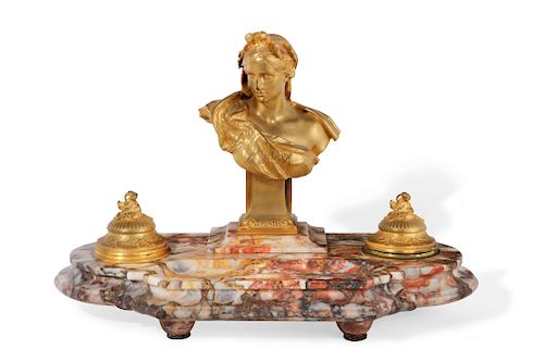 A French gilt bronze and marble encrier, G. Michel