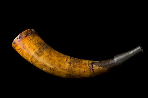 CROWN POINT HORN OF CONNECTICUT PROVINCIAL EBENEZER REYNOLDS, C. 1759 

Horn carved in the provincial manner, inscribed with brig- a...