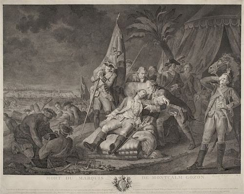 JUSTE CHEVILLET (1729-1790) after F.L.J. WATTEAU 
Mort du Marquis de Montcalm Gozon (Death of the Marquis Montcalm) 
Copperplate eng...