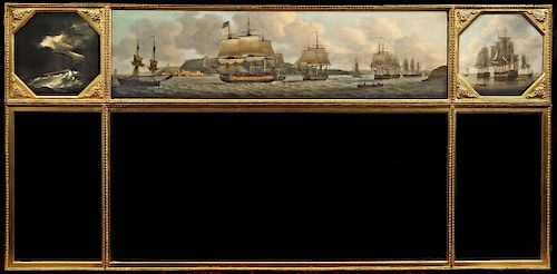 DOMINIC SERRES, RA (1719-1793) 
AN IMPORTANT GEORGE III OVERMANTEL MIRROR WITH NAVAL VIEWS, C. 1766 
The rectangular top consisting ...