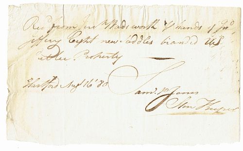REVOLUTIONARY WAR ‘US’ BRANDED SADDLES 

Samuel P. Jones, ADS, 1 p., 5 x 8 ½ inches, dated Hartford, Connecticut, 16 August 1780. Mi...