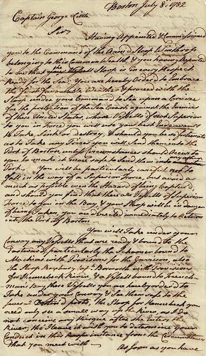 GOVERNOR JOHN HANCOCK GIVES NAVAL ORDERS, 1782 
Hancock, John (1737-1793), President of the Continental Congress; Governor of Massac...