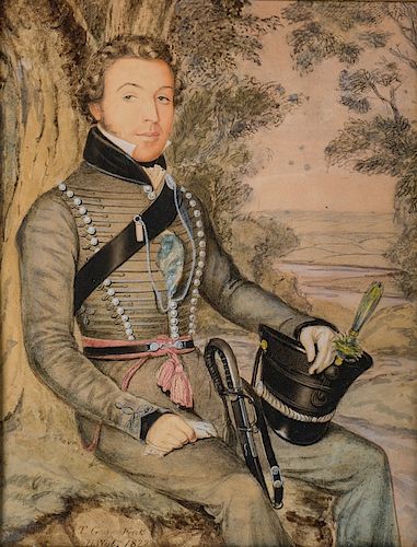 THOMAS GEORGE, BRITISH (1790-1840) 
Portrait of 1st Lieutenant Henry Llewellyn, 3rd Battalion Rifle Brigade, 1822 
Watercolor with g...