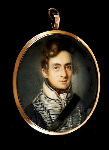 ATTRIBUTED TO JOHN COMERFORD (1770-1832) 
Miniature of Lt. William Rhodes 19th Light Dragoons, 1810
watercolor, 2 7/8 x 2 3/8 in. ov...
