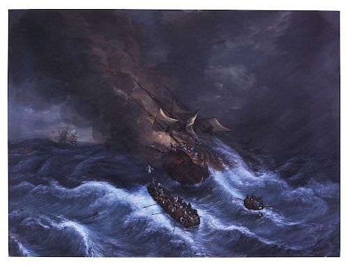 UNKNOWN FRENCH ARTIST, AFTER GUDIN 
The Burning of the East Indiaman ‘Kent’, c. 1830 
pastel on paper, 25 x 34 inches with inscripti...