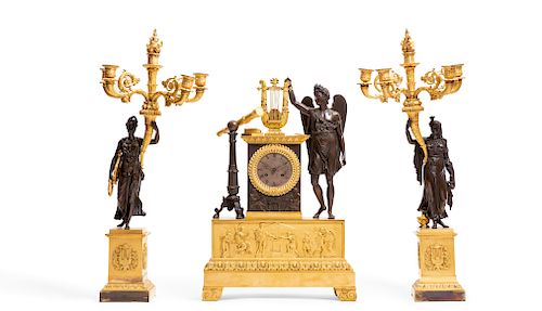 An Empire  three piece figural clock garniture