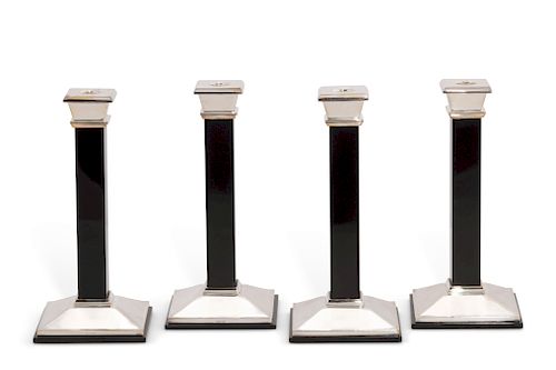 Four silver and black onyx candlesticks, Tiffany