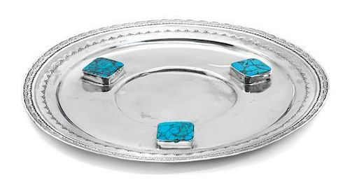 A Navajo Silver and Turquoise Tray, Edison Begay Diameter 8 1/8 inches.