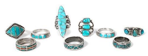 Nine Southwestern Style Silver and Various Stone Rings