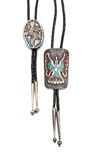 Three Southwestern Silver, Turquoise and Coral Bolo Ties Height of first 1 7/8 x 2 7/8 inches.
