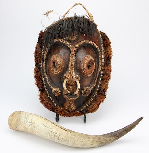 Melanesian Tribal Mask and an African Carved Water Buffalo Horn 