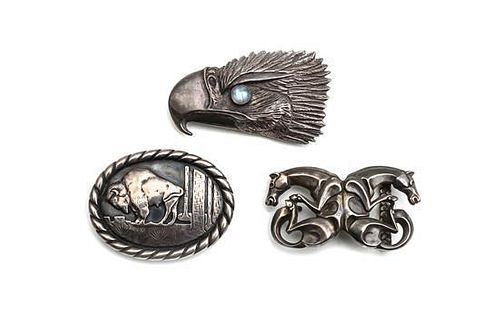 Three Figural Belt Buckles Height of first 3 1/2 x width 2 inches for a 1 5/8 inches belt.