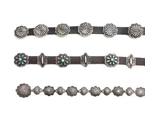 Three Navajo Concha Belt Style Hat Bands Length of first 24 inches; diameter of conchas 1 inch.