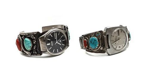 A Zuni Silver, Turquoise and Coral Watch Tips, Effie Calavaza