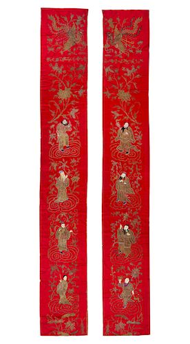 A Pair of Chinese Embroidered Silk Opera PanelsEach: height 131 x width 14 1/2 in., 333 x 37 cm.