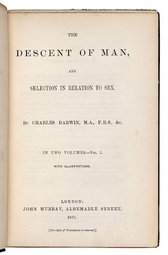 DARWIN, Charles (1809-1882).  The Descent of Man and Selection in Relation to Sex. London: John Murray, 1871. FIRST EDITION, FIRST ISSUE.
