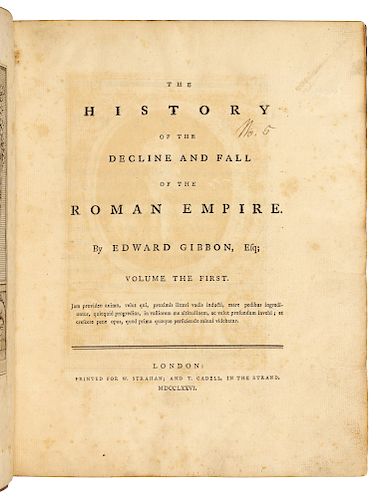 GIBBON, Edward (1737-1794). History of the Decline and Fall of the Roman Empire, Volume the First [-Sixth]. London: W. Strahan & T. Cadell, 1776-1788.