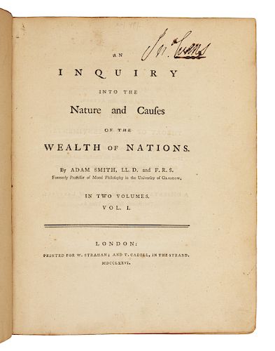 SMITH, Adam (1723-90). An Inquiry into the Nature and Causes of the Wealth of Nations. London: for W. Strahan and T. Cadell, 1776. FIRST EDITION.