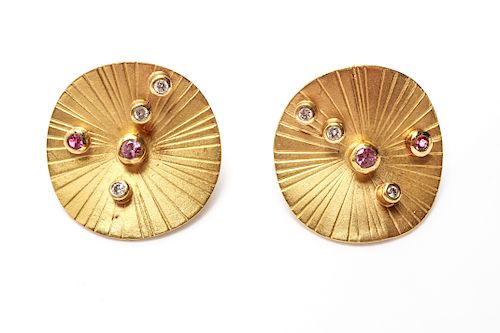 22K Yellow Gold Diamonds & Rubies Earrings, Pr