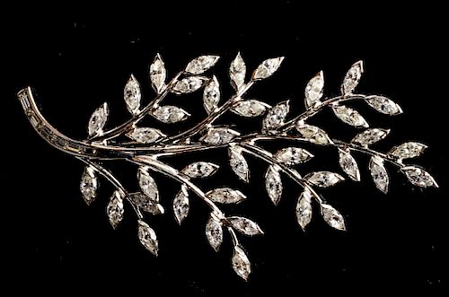 18K White Gold & Diamonds "Branch w Leaves" Brooch