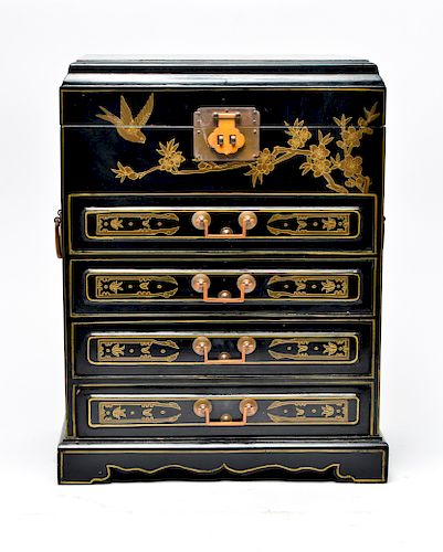 Asian Black Lacquer Large Jewelry Cabinet Box