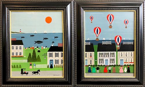 Pair of Polly Bushong Folk Art Oils on Panel "Whale Watching" and "Hot Air Balloon Race"
