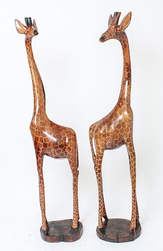 Carved Wood & Painted Giraffe Figures, Pair
