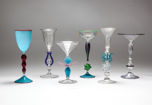 Venetian and Blown Art Glass Cocktail Glasses, 6