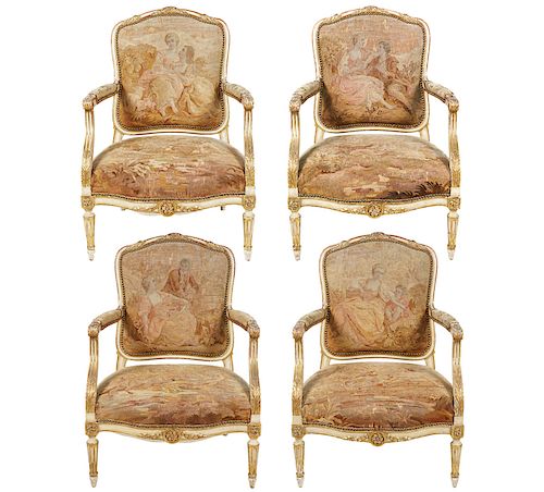 4 Louis XVI Style Late 19th C Fauteuil Arm Chairs