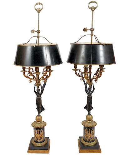 Pr. 20th C Empire Style Bronze Lamps
