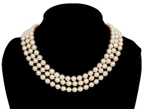 Triple Strand Cultured Pearl & Diamond Necklace