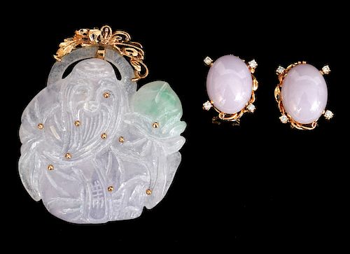 Carved Lavender Jade & Gold Pendant and Earrings