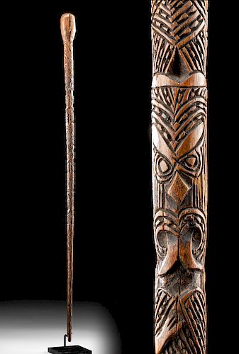 19th C. Maori Wood Walking Staff w/ Figurative Motifs