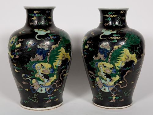 Pair, Chinese Famille Noir Porcelain Vases