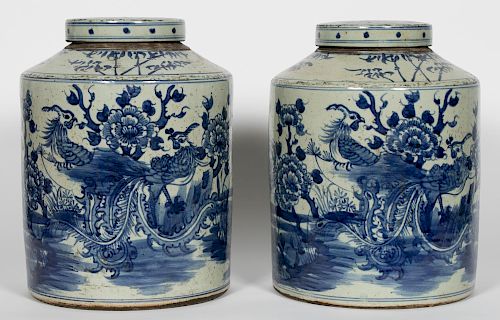 Pair, Large Chinese Blue & White Covered Tea Jars