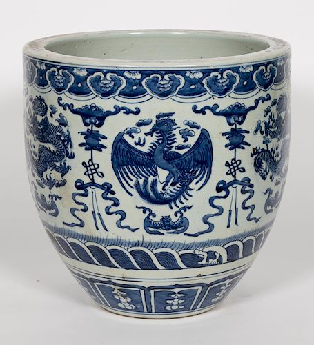 Chinese Blue & White Dragon & Phoenix Jardiniere