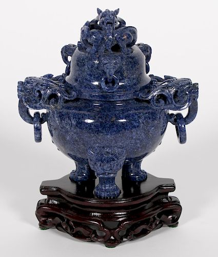 Chinese Lapis Lazuli Censer on Wood Stand