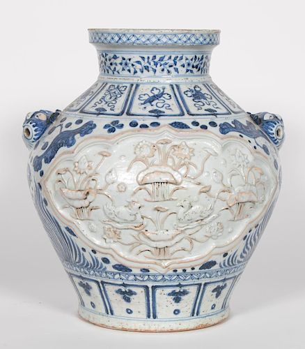 Floral Carved Chinese Blue & White Baluster Vase