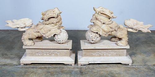 Pr., Carved Wooden Chinese Male Guardian Lions