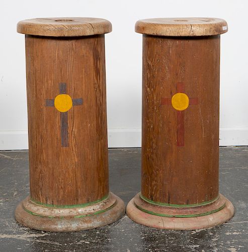 Pair, American Polychrome Pine Round Pedestals