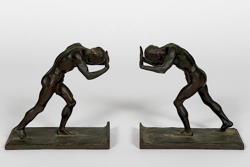Pair, Isidore Konti Bronze Male Figural Bookends
