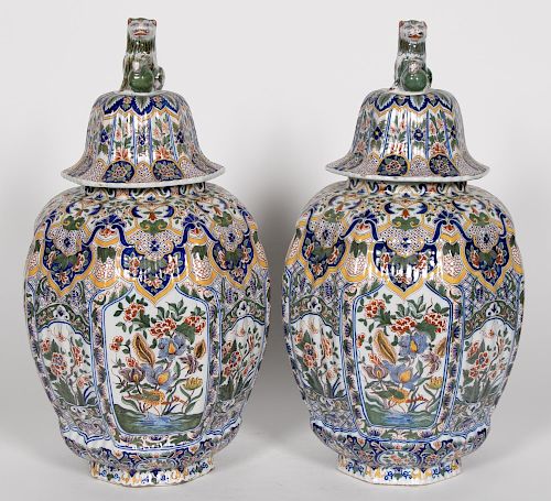 Pair, 17th C. Delft Style Lidded Octagonal Urns