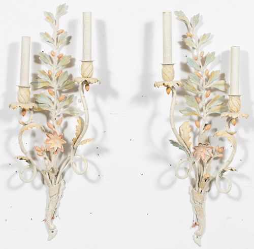 Pair, French Painted Polychrome Floral Sconces