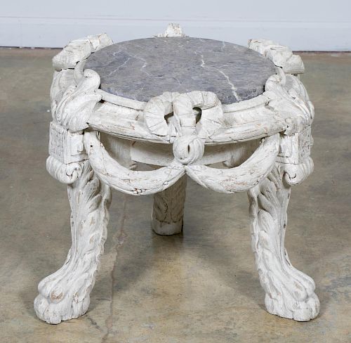 French Carved Wooden Marble Top Side Table