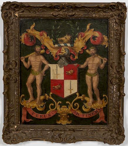 L. 19th C. Armorial Coat of Arms Painting on Board