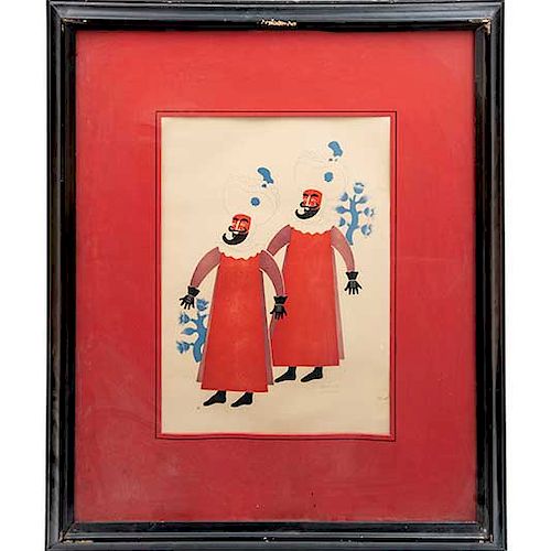 Carlos Mérida. Dos bailarines llamados Chinelos de Tepoztlán, de la carpeta "Carnival in Mexico". Firmada. 1940. Litografía. 39 x 28 cm