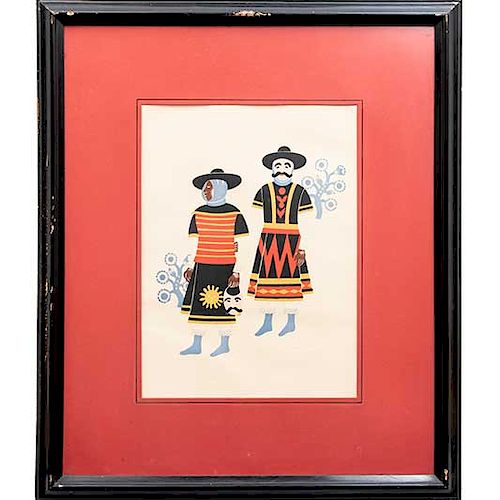 Carlos Mérida. Dos hombres de Huixquilucan en la fiesta de los Huehuenches, de la carpeta "Carnival in Mexico" Firmada. 1940. 39 x 28cm