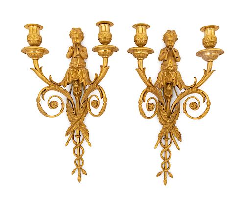 A Pair of French Gilt Bronze Two-Light Sconces